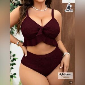 NWT SHEIN Curve Burgundy Bow Knot and Ruffle 2 Piece Swimsuit Size 12/0XL